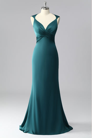 Peacock Blue Mermaid Satin Backless Ruched Prom Dress